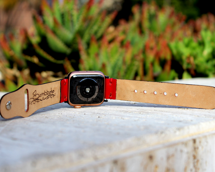 Red leather 2025 apple watch band